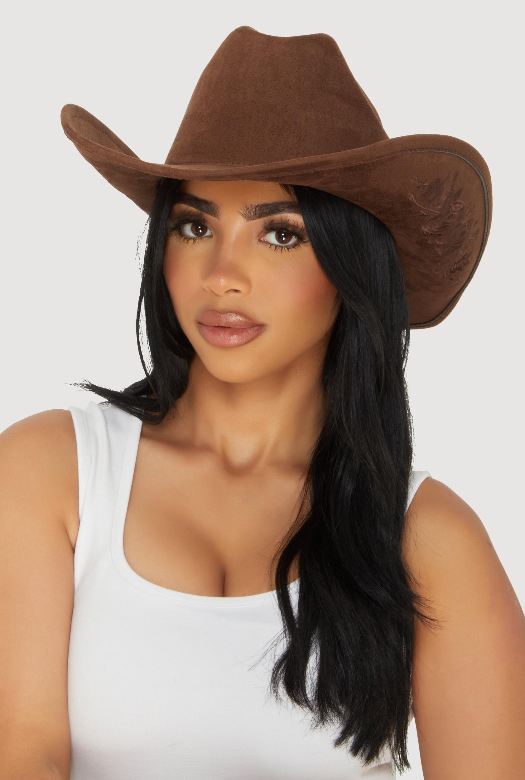 Faux Suede Floral Embroidered Cowboy Hat Female Product Image