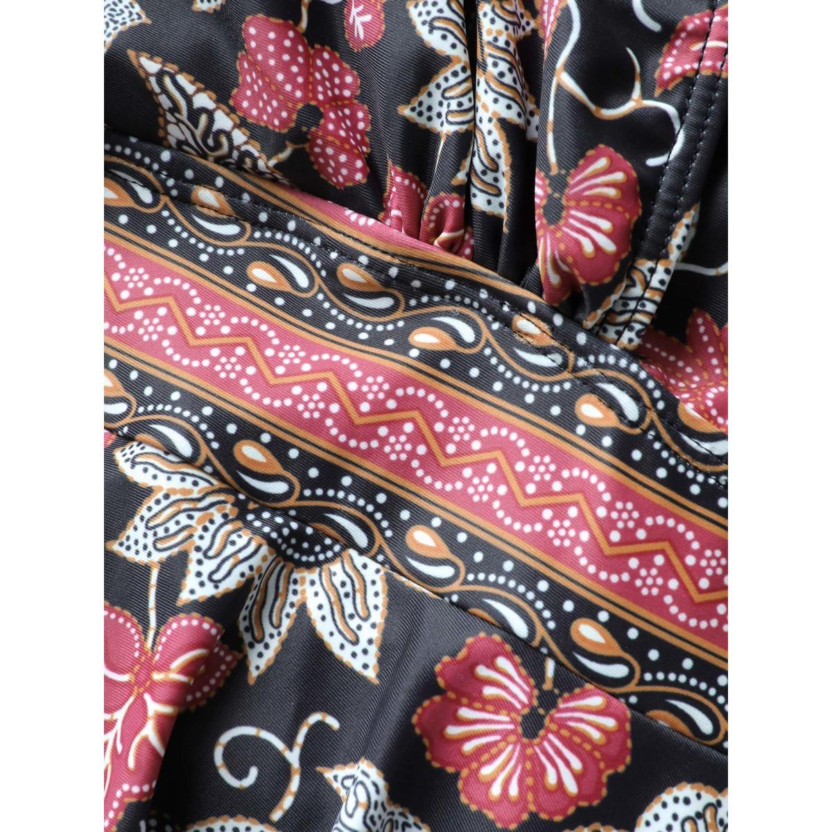 Plus Size Bandana Print Overlap Collar Swim Dress Women's Swimwear Black Beach Bodycon V-neck High stretch Curve Swim Dresses BloomChic 10/M Product Image