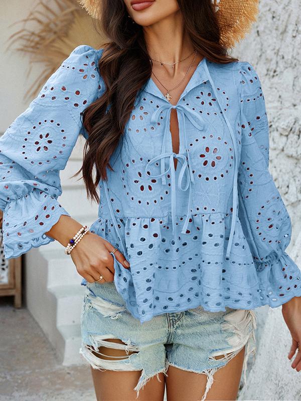 Long Sleeves Loose Elasticity Hollow Pleated Solid Color Tied Round-Neck Blouses&Shirts Tops Product Image
