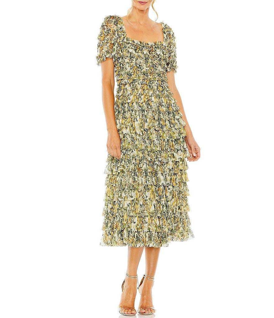 Mac Duggal Square Neck Short Sleeve Micro Ruffle Dress Product Image