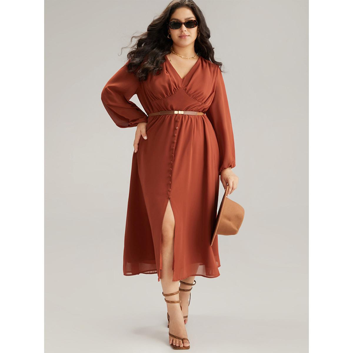 Plus Size Chiffon Plain Split Hem Button Detail Dress Rust Women Elegant Elastic cuffs V-neck Long Sleeve Curvy Midi Dress BloomChic 30/6X Product Image