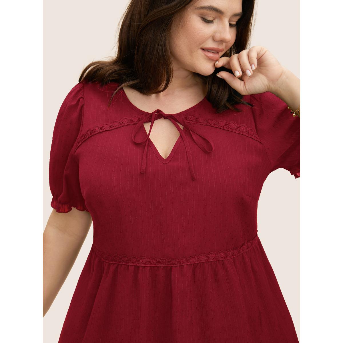 Plus Size Scarlet Lace Panel Knot Neck Lantern Sleeve Blouse Women Elegant Short sleeve V-neck Everyday Blouses BloomChic 30/6X Product Image
