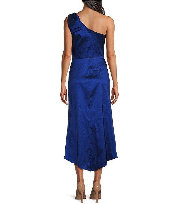 Marina Stretch Taffeta One Shoulder Bow Neck A-Line Midi Dress Product Image