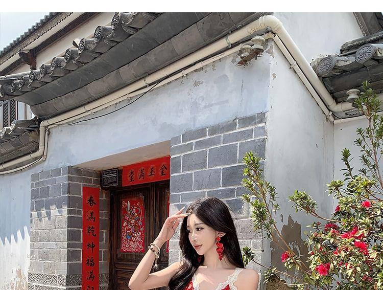 Spaghetti Strap Floral Lace Trim Midi A-Line Sundress Product Image