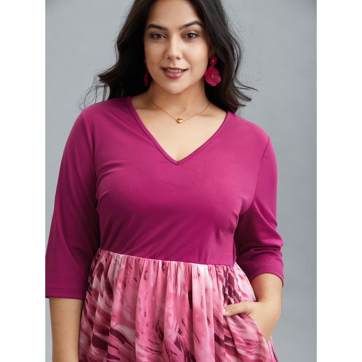 Plus Size Abstract Print Spliced V-Neck Midi Dress Rosered Women Elegant Patchwork V-neck Elbow-length sleeve Curvy BloomChic 26/4X Product Image
