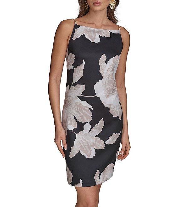 Donna Karan Scuba Boat Neck Sleeveless Floral Sheath Dress Product Image