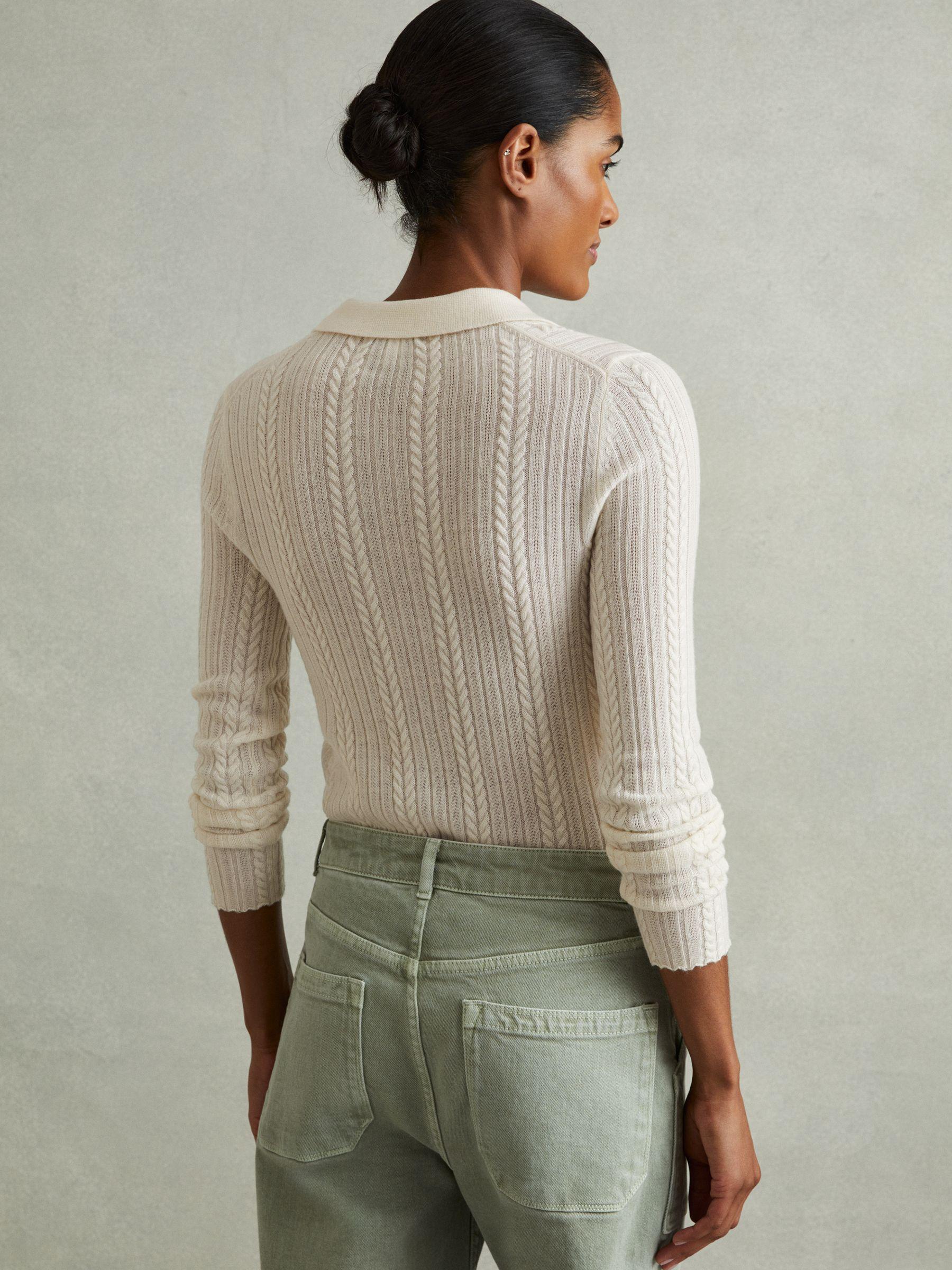 Wool Cable Knit Polo Neck Jumper in Cream Product Image