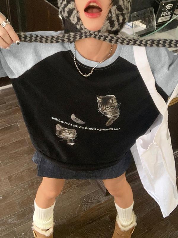 Cat Print Raglan Fleece Oversized Hoodie Product Image