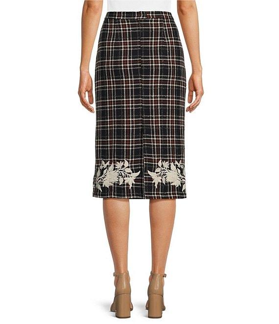 Fanm Mon Tweed Floral Embroidered High Waist Back Slit Opening Pencil Midi Coordinating Skirt Product Image