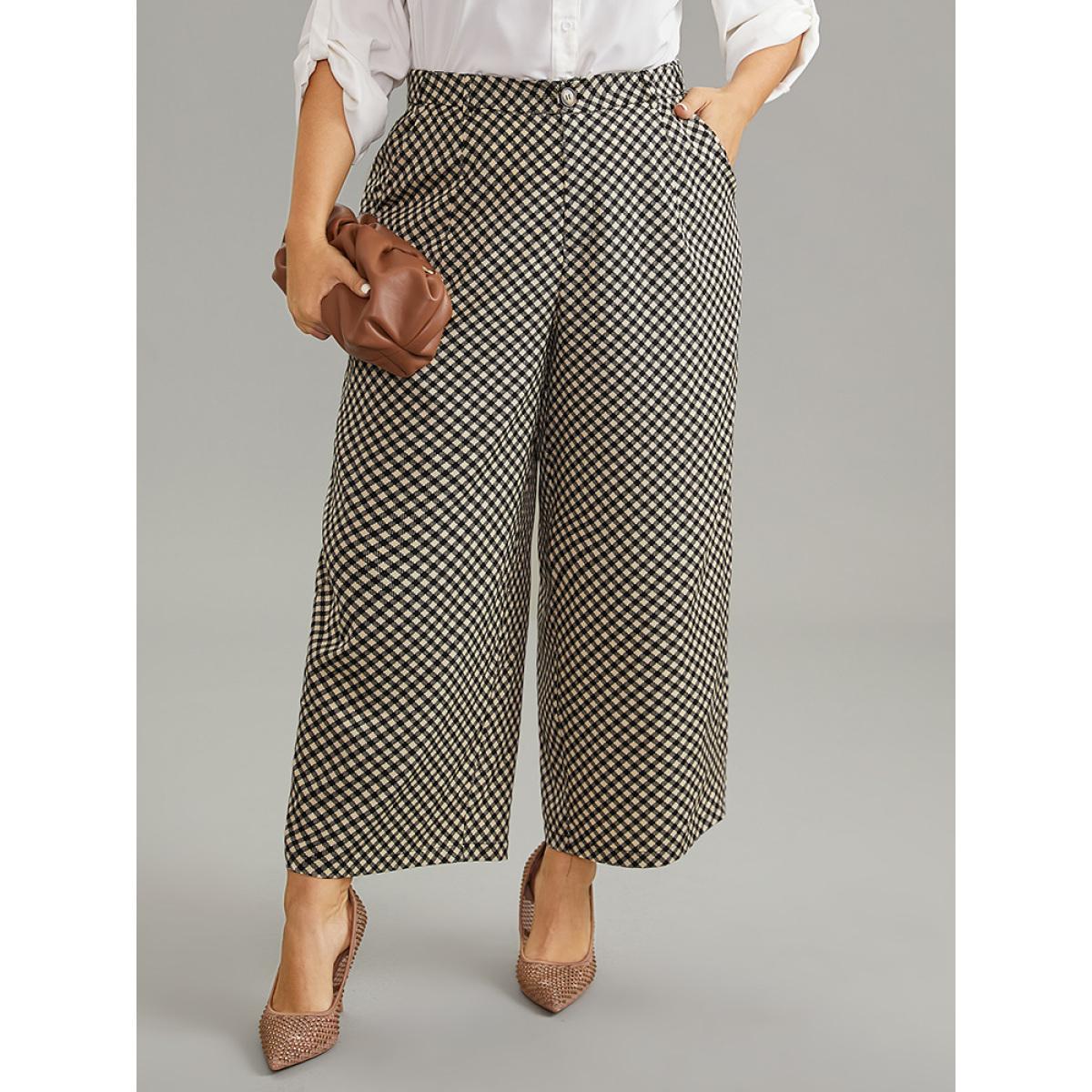 Plus Size Gingham High Rise Elastic Waist Straight Leg Pants Women Black Office Straight Leg High Rise Work Pants BloomChic 22-24/3X Product Image