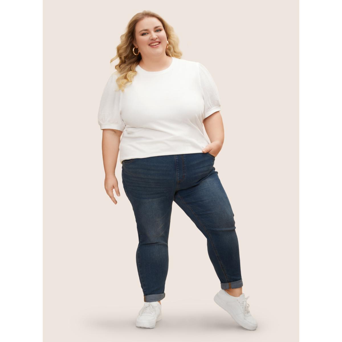 Plus Size Plain Textured Patchwork Lantern Sleeve T-Shirt WhiteSmoke Women Leisure Texture Round Neck Casual T-shirts BloomChic 14-16/1X Product Image