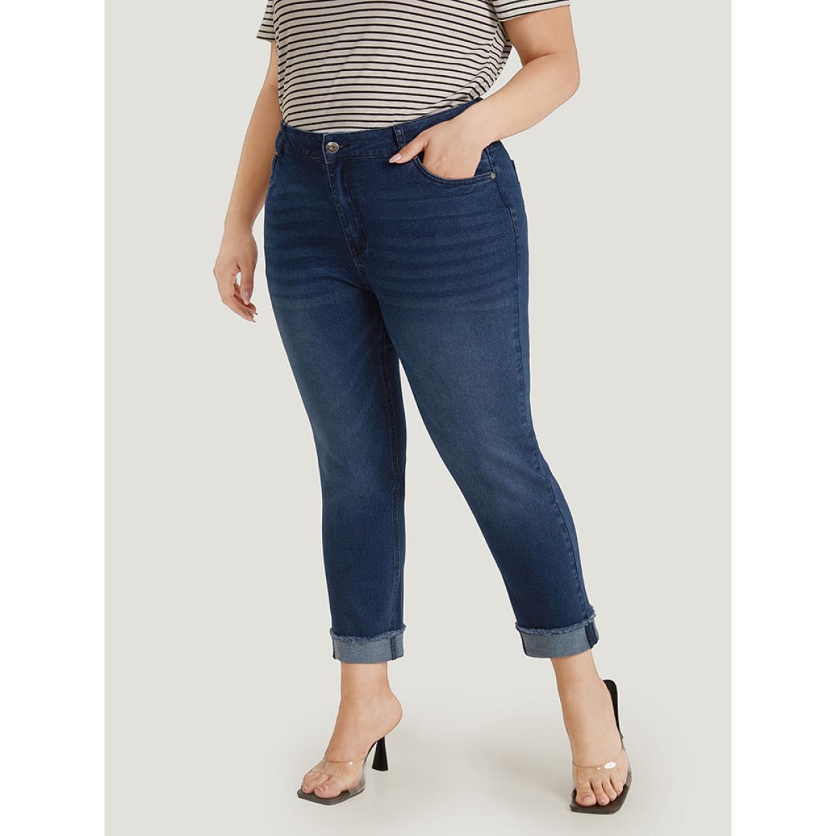 Plus Size Solid Frayed Roll Hem High Rise Jeans Women Blue Casual Plain Plain High stretch Pocket Jeans BloomChic 14/1X Product Image