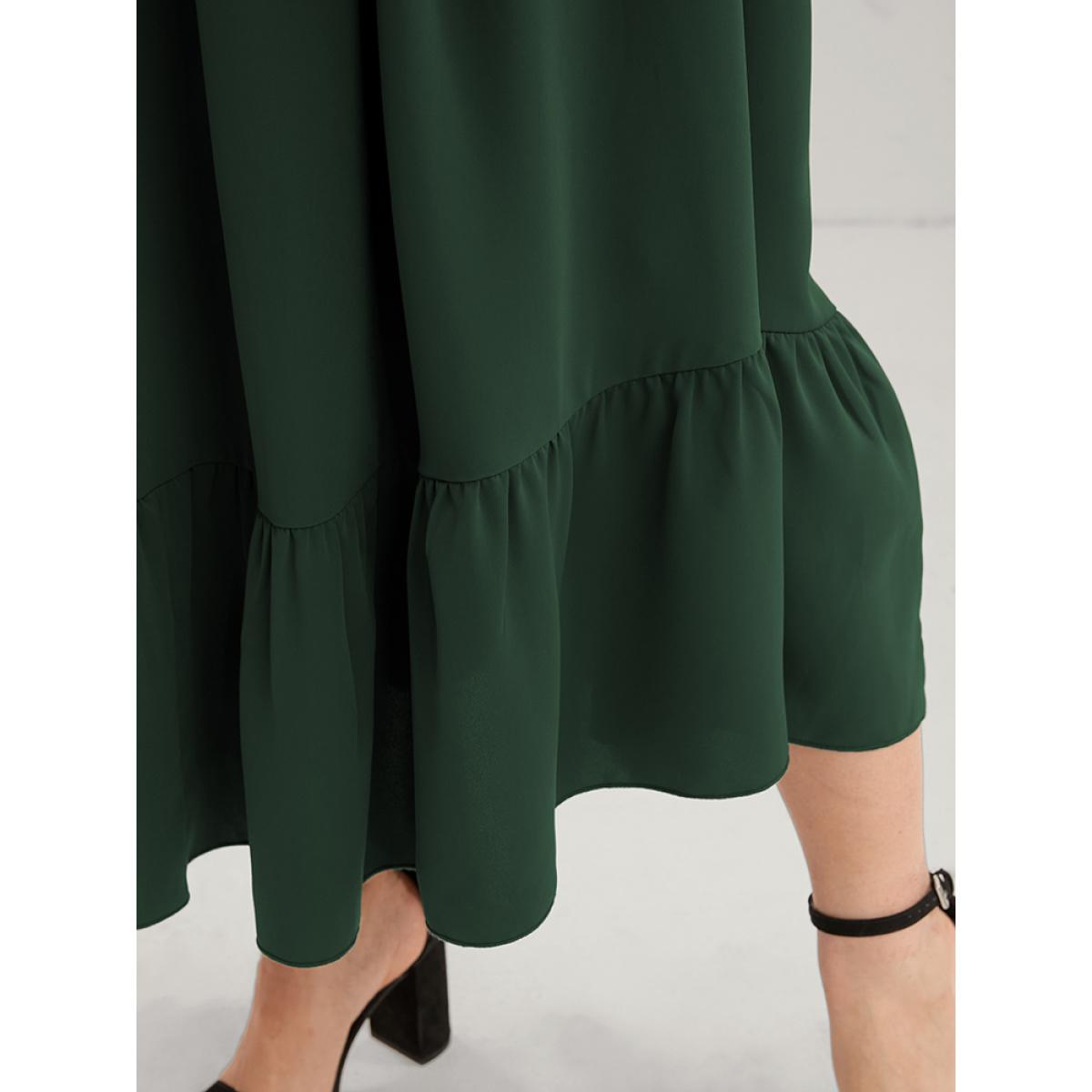 Plus Size Solid Lantern Sleeve Shirred Pocket Lace Trim Ruffle Hem Dress Green Women Elegant Patchwork V-neck Long Sleeve Curvy Midi Dress BloomChic 10/M Product Image