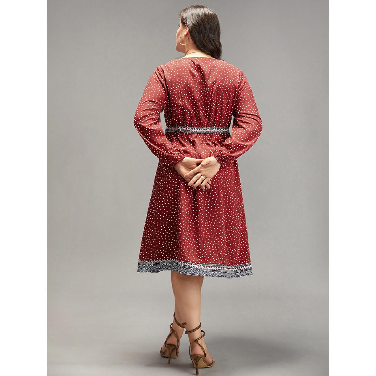 Plus Size Boho Print Lantern Sleeve Elastic Waist Dress Raspberry Women Vacation Elastic cuffs V-neck Long Sleeve Curvy Midi Dress BloomChic 12/L Product Image