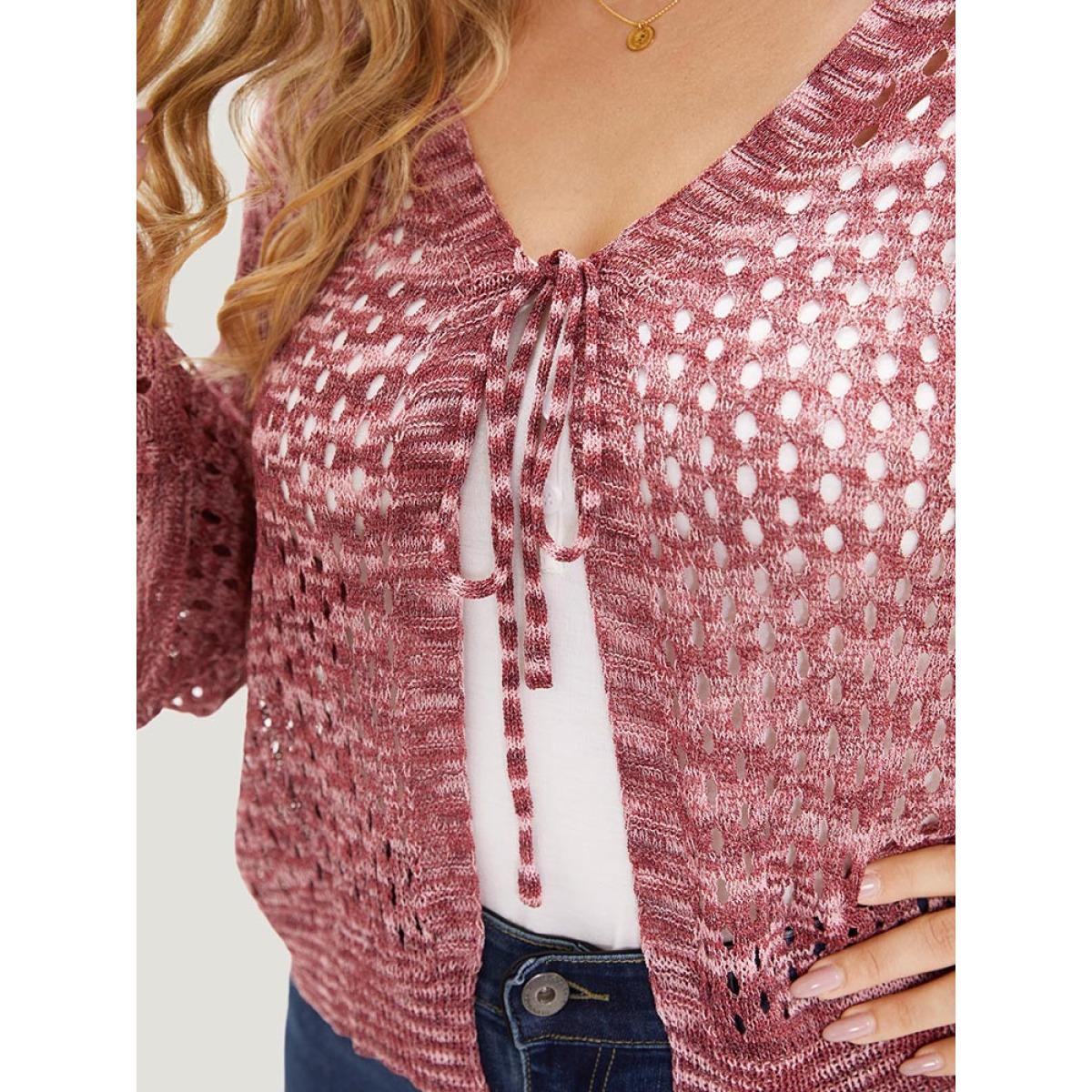 Plus Size Geometric Eyelet Bell Sleeve Ties Front Cardigan Maroon Women Casual Loose Long Sleeve Everyday Cardigans BloomChic 12/L Product Image