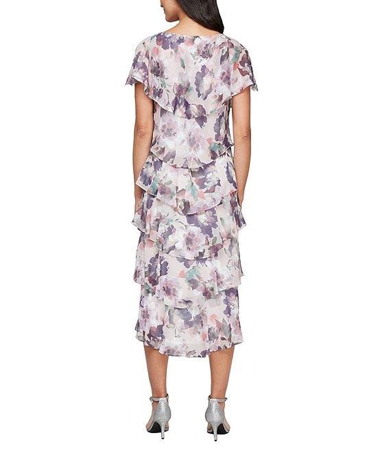 Ignite Evenings Floral Print Chiffon Scoop Neck Capelet Short Sleeve Tiered Midi Dress Product Image