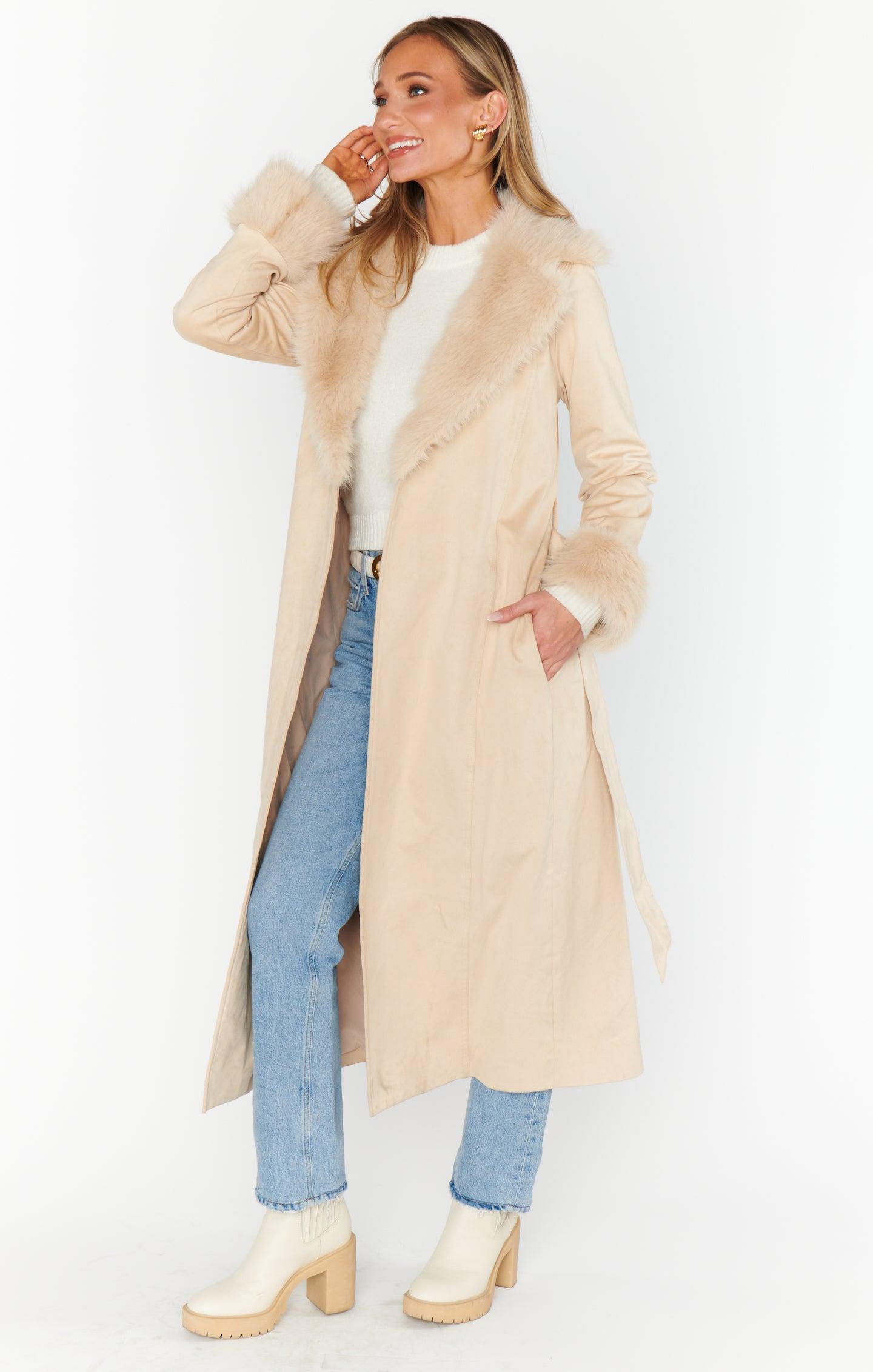 Penny Lane Long Coat ~ Beige Faux Suede with Faux Fur Product Image