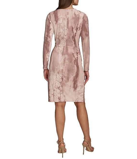 Donna Karan Printed Crepe Jersey Crew Neck Long Sleeve Gold Hardware Gathered Waist Dress Product Image