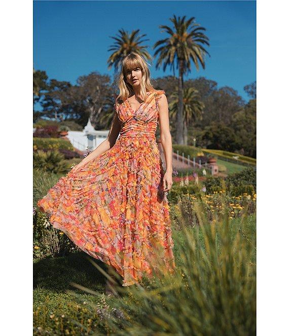 Mac Duggal Mesh Floral Print V-Neck Sleeveless Ruffle A-Line Maxi Dress Product Image