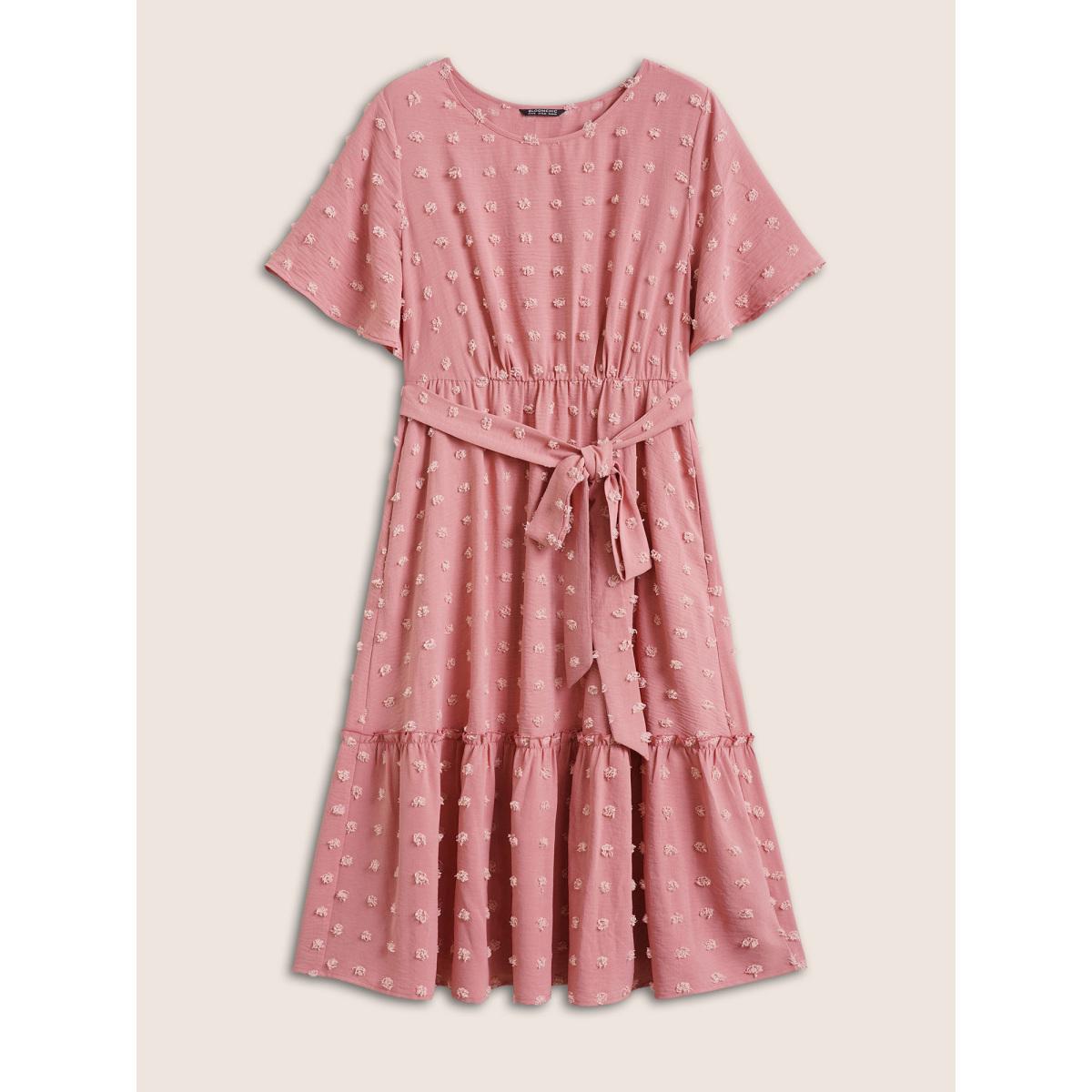 Plus Size Solid Textured Patchwork Frill Trim Belted Dress Watermelon Women Elegant Non Round Neck Short sleeve Curvy Midi Dress BloomChic 26/4X Product Image