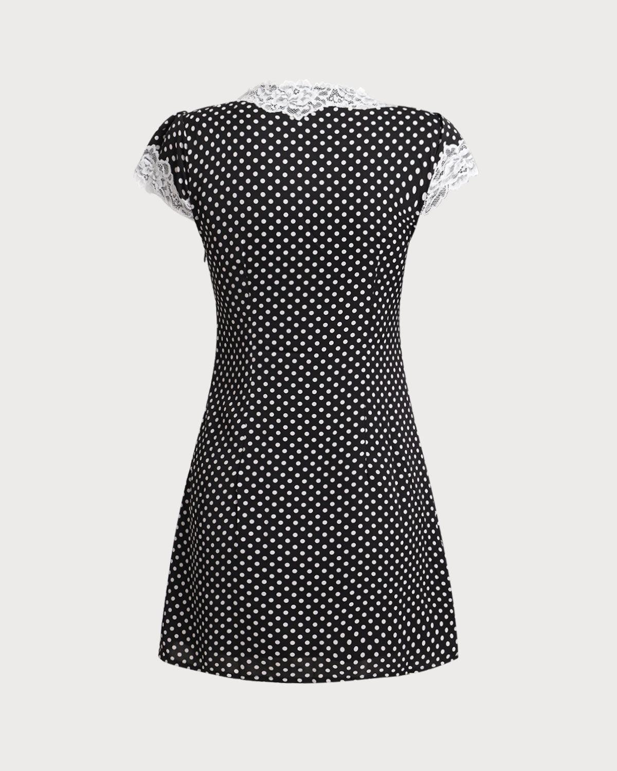 Black Polka Dot V Neck Lace Mini Dress Product Image