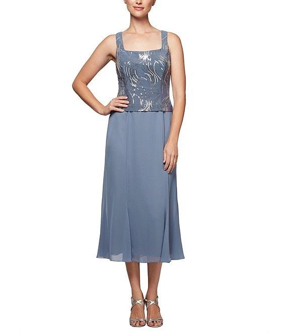 Alex Evenings Square Neck 3/4 Sleeve Sequin Chiffon 2 Piece Jacket Dress Product Image