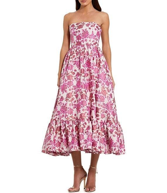 Mac Duggal Strapless Floral Brocade Ruffle Hem Fit & Flare Midi Dress Product Image