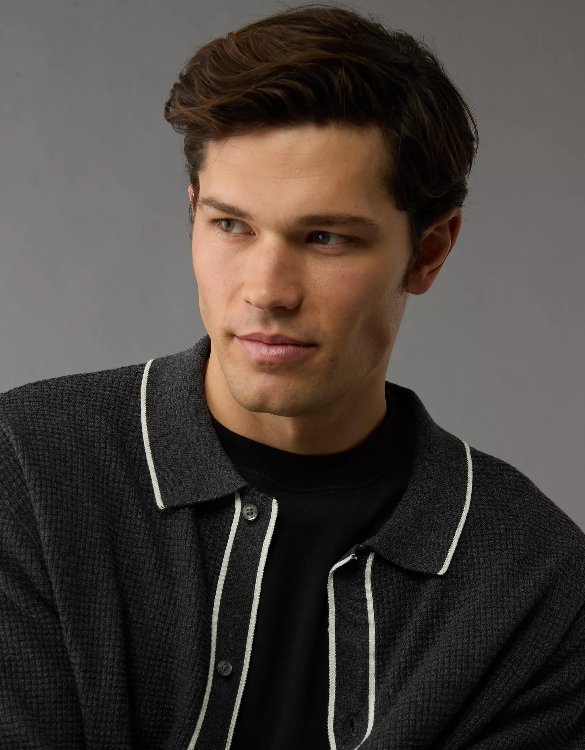 AE Long-Sleeve Tipped Waffle Sweater Polo Shirt Product Image