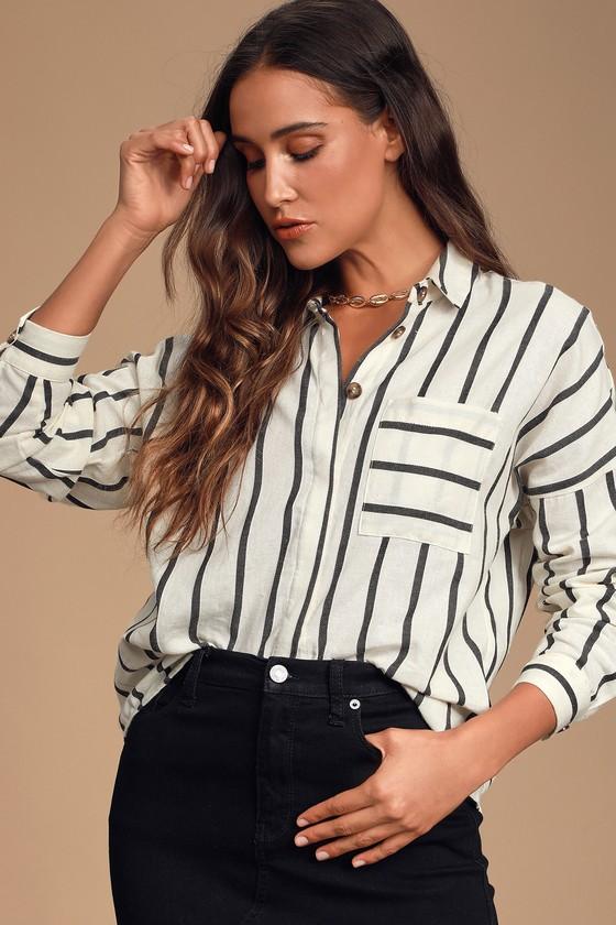 Amelia Dawn Off-White Striped Long Sleeve Button-Up Top Product Image