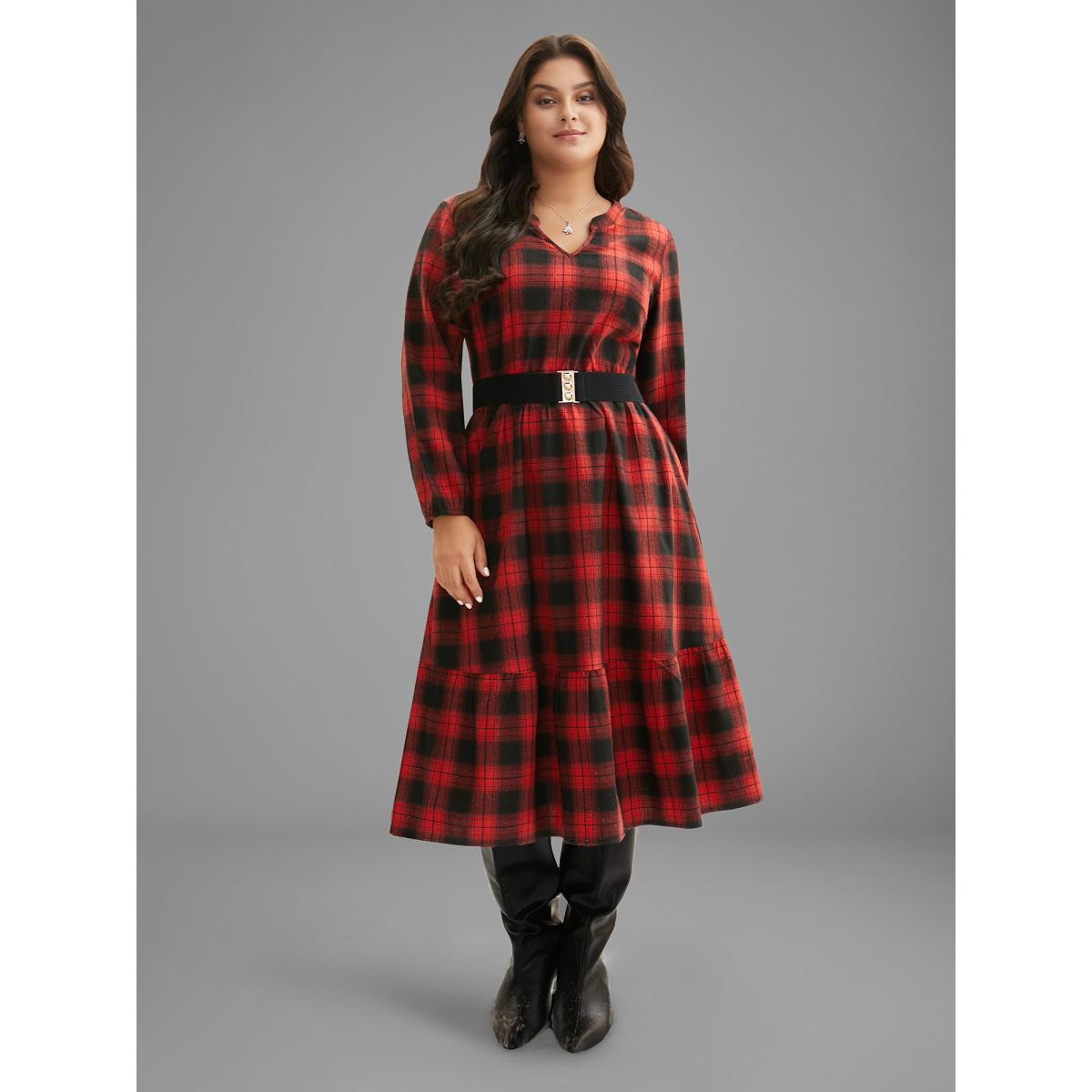Plus Size Plaid Notched Collar Elastic Waist Midi Dress Burgundy Women Casual Non Party Curvy Bloomchic 12/L Product Image