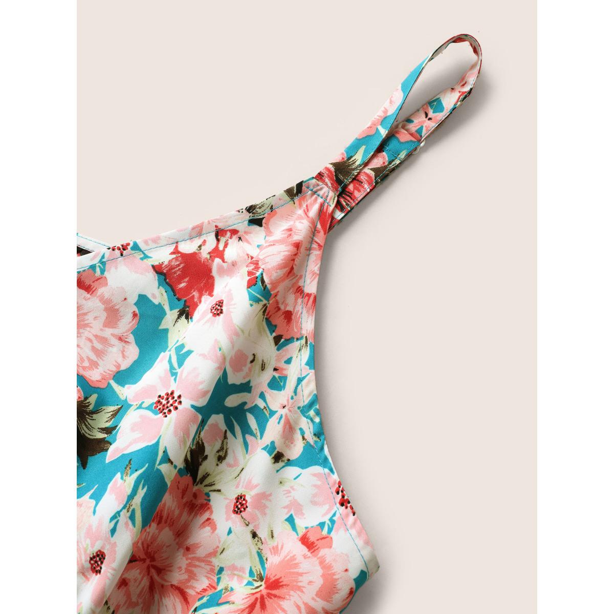 Plus Size Floral Print Wrap Belted Cami Dress Cerulean Women Elegant Overlapping Non Sleeveless Curvy Midi Dress BloomChic 26/4X Product Image