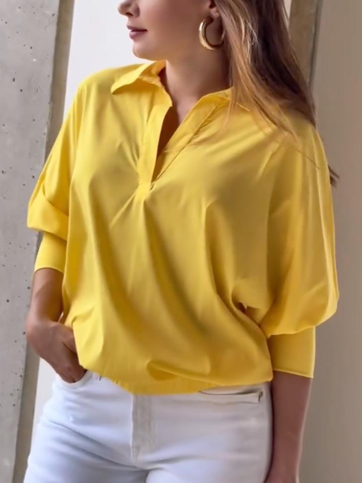 Loose Puff Sleeves Solid Color Lapel Blouses&Shirts Tops Product Image