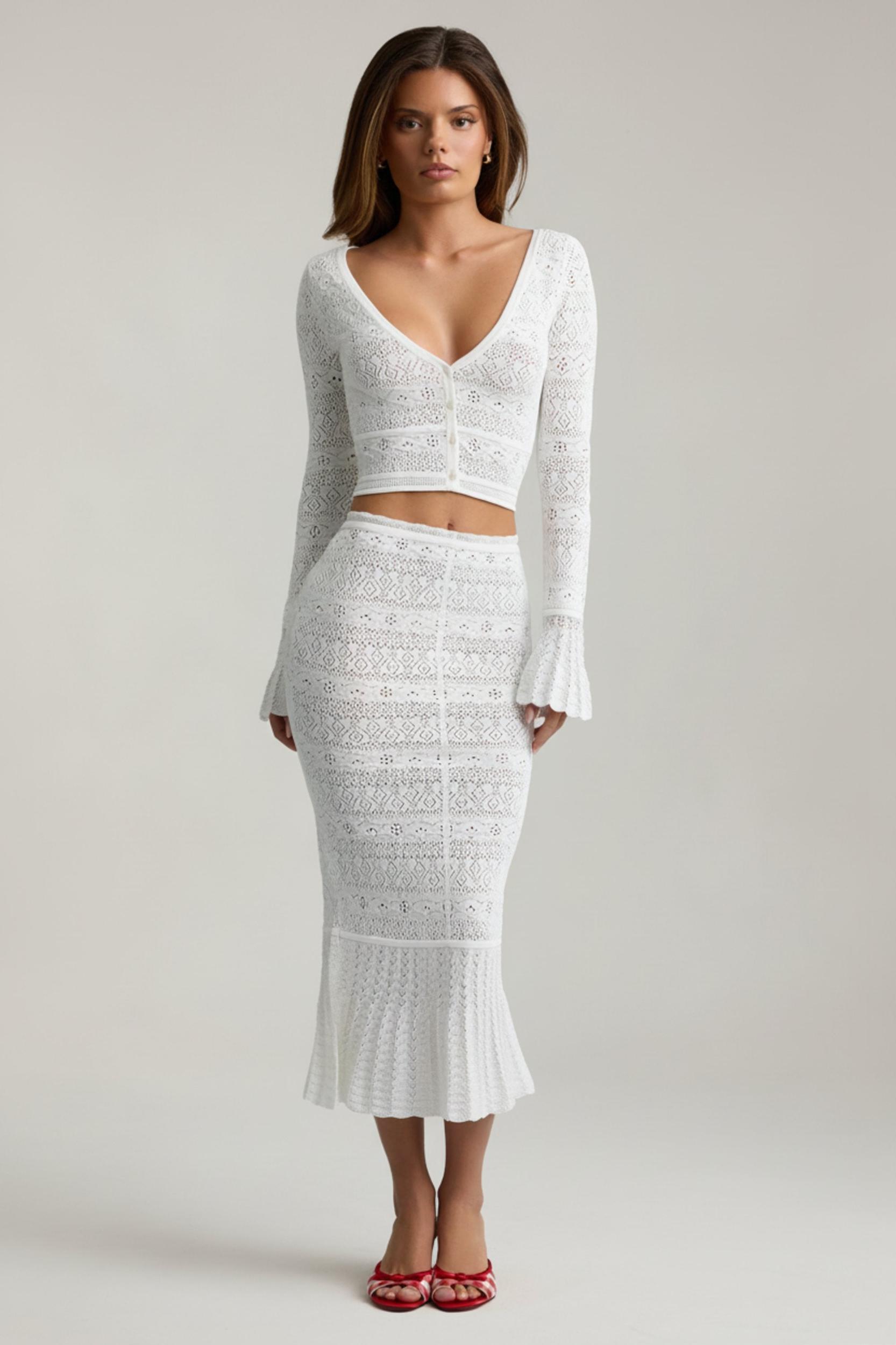 Ruffle-Trim Pointelle-Knit Midaxi Skirt in White Product Image