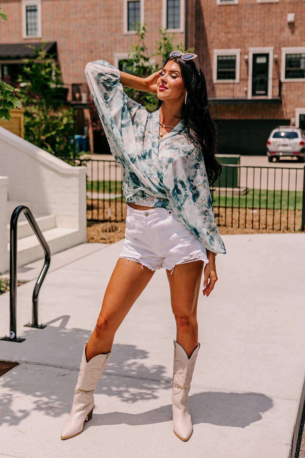 Somewhere Tropical Watercolor Tie Top In Dark Teal Product Image