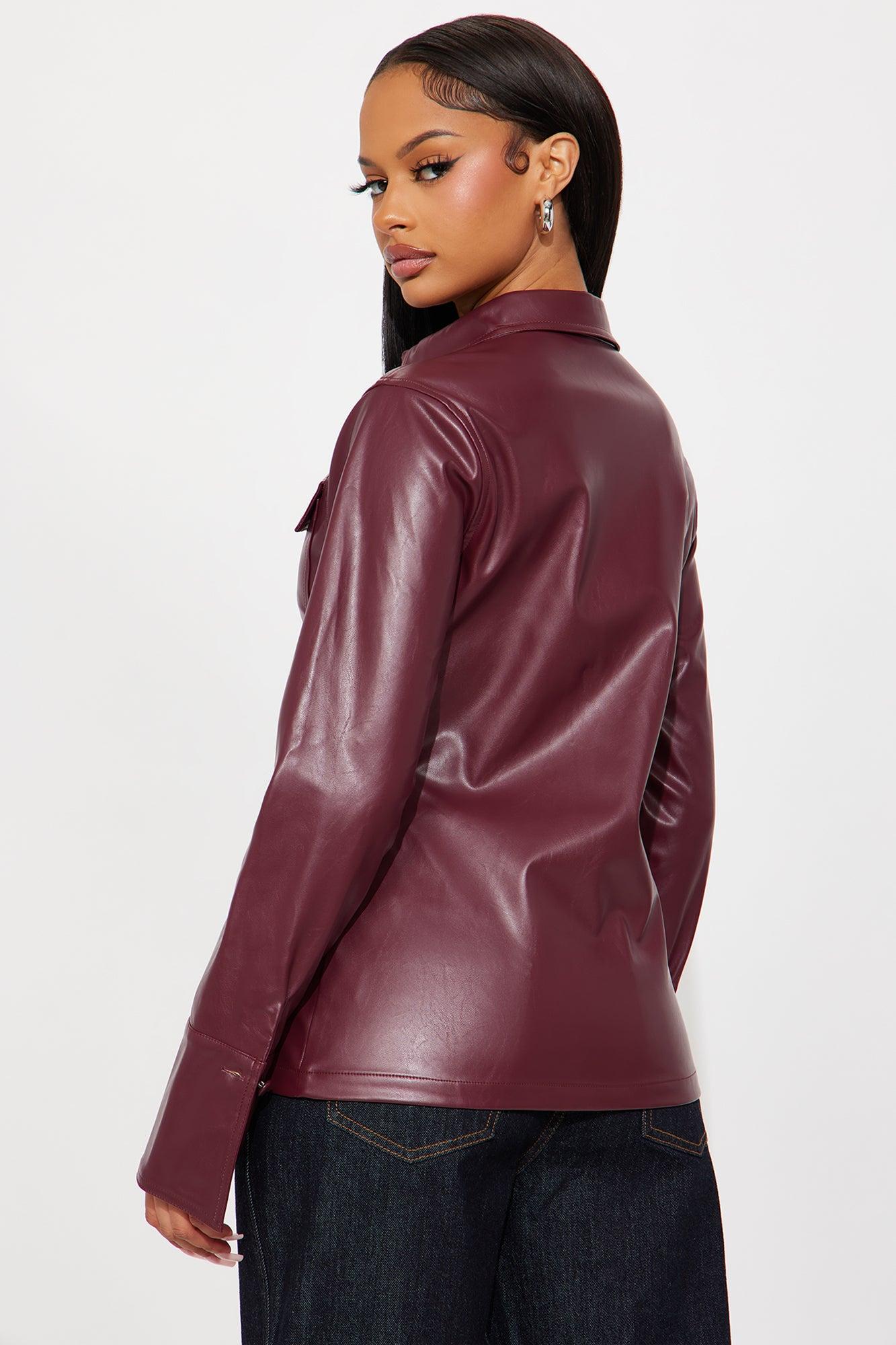 Show Time Faux Leather Shirt - Burgundy Female Product Image
