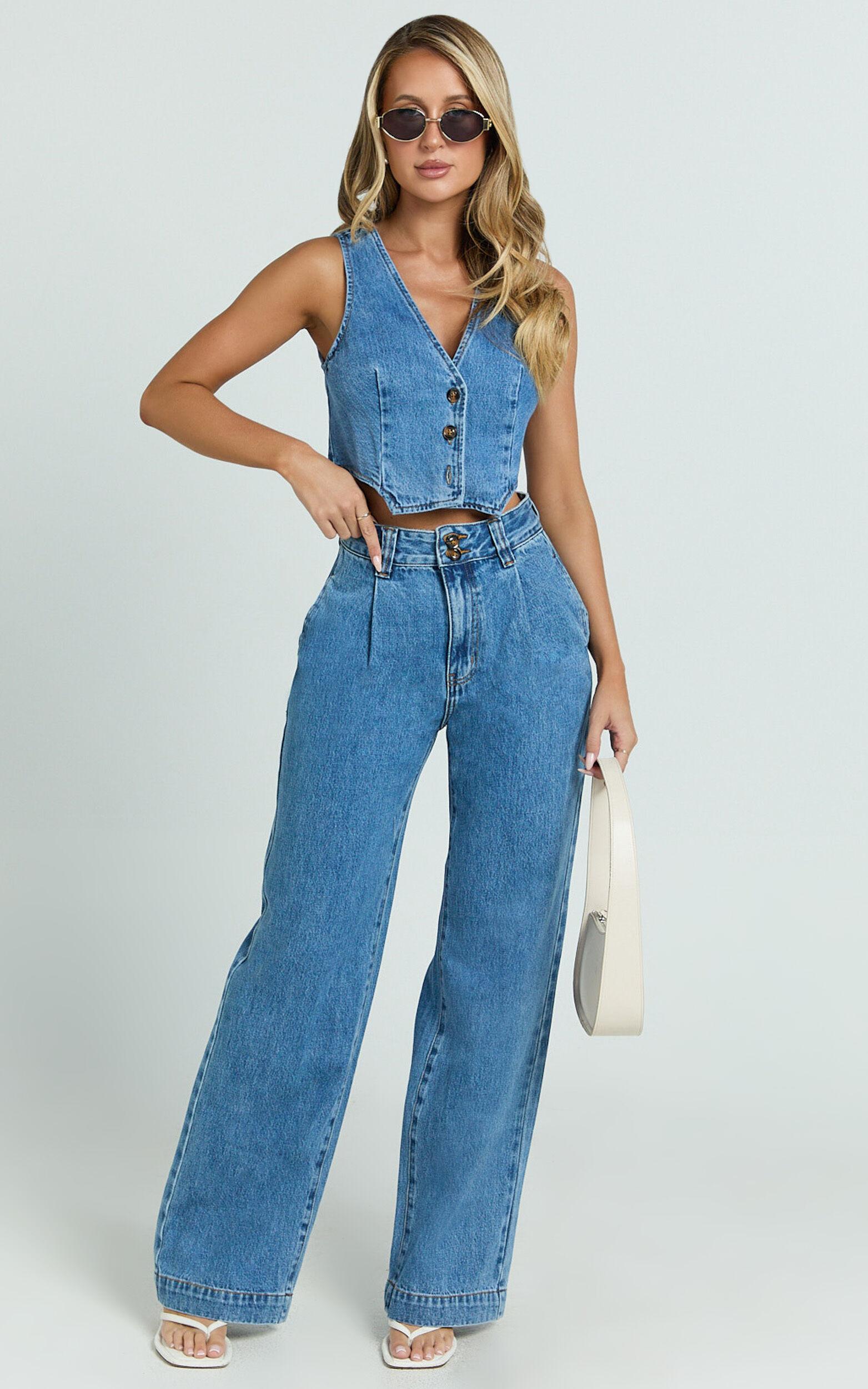 Fergie Jeans - Denim High Waisted Straight Leg Denim Jeans in Mid Blue Wash Product Image