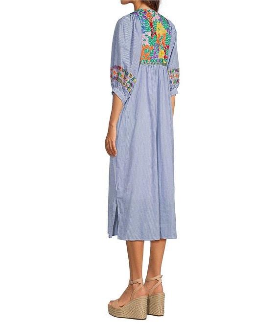 J.Marie Tristen Embroidered Side Slit Striped Pullover Midi Dress Product Image