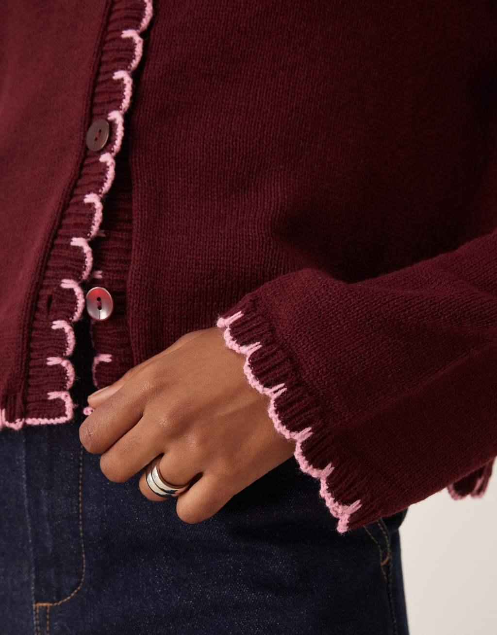 ASOS DESIGN blanket stitch cardigan in burgundy Product Image