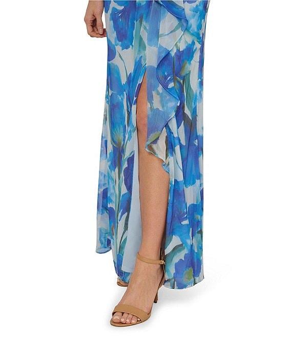 Adrianna Papell Chiffon Floral Print V-Neck Sleeveless Front Twist Sheath Gown Product Image
