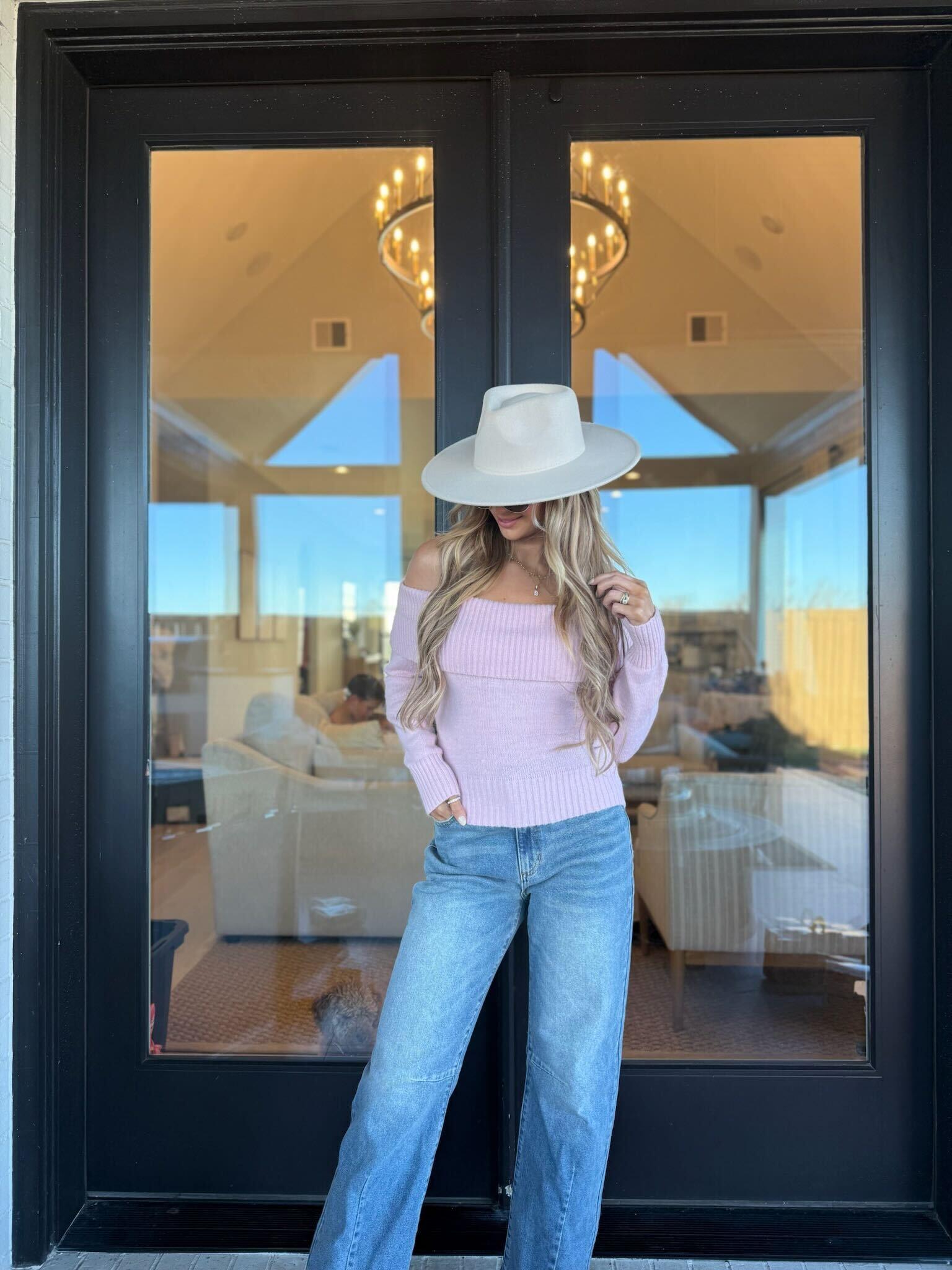 Fuzzy Off The Shoulder Ribbed Sweater - Light Pink - FINAL SALE Product Image