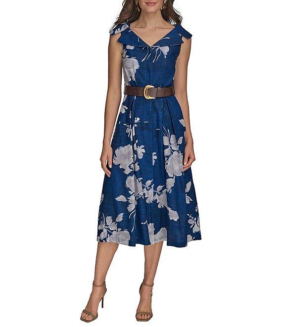 Donna Karan V-Neck Floral Print Belted Midi Dress Product Image