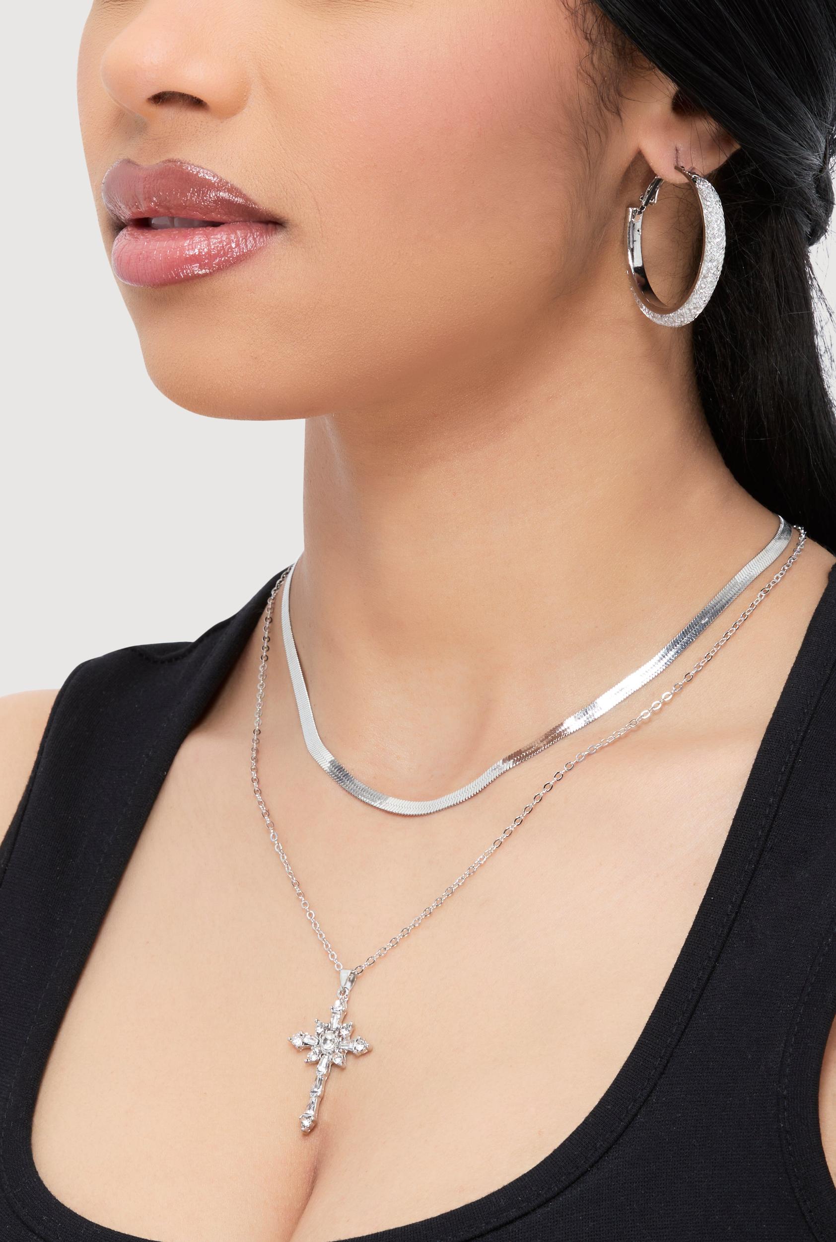 Cubic Zirconia Cross Charm Layered Necklace with Hoop Earrings Unisex Product Image