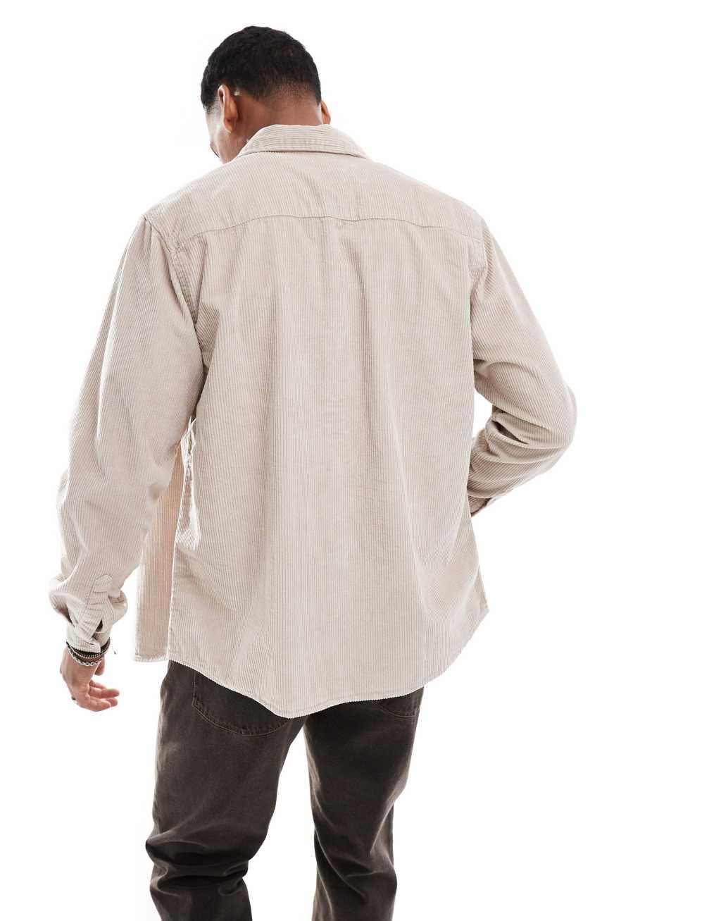 ASOS DESIGN cord overshirt with snaps in stone Product Image