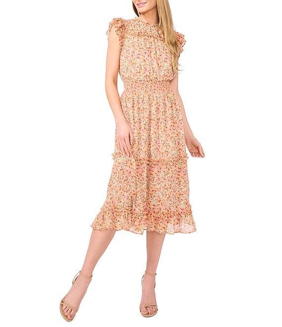 CeCe Floral Print Ruffle Crew Neck Cap Sleeve Smocked Waist Midi A-Line Dress Product Image