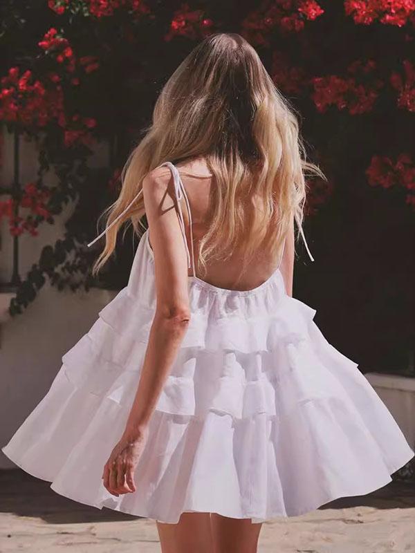 High Waisted Loose Backless Layered Pleated Solid Color Tied Spaghetti-Neck Mini Dresses Product Image
