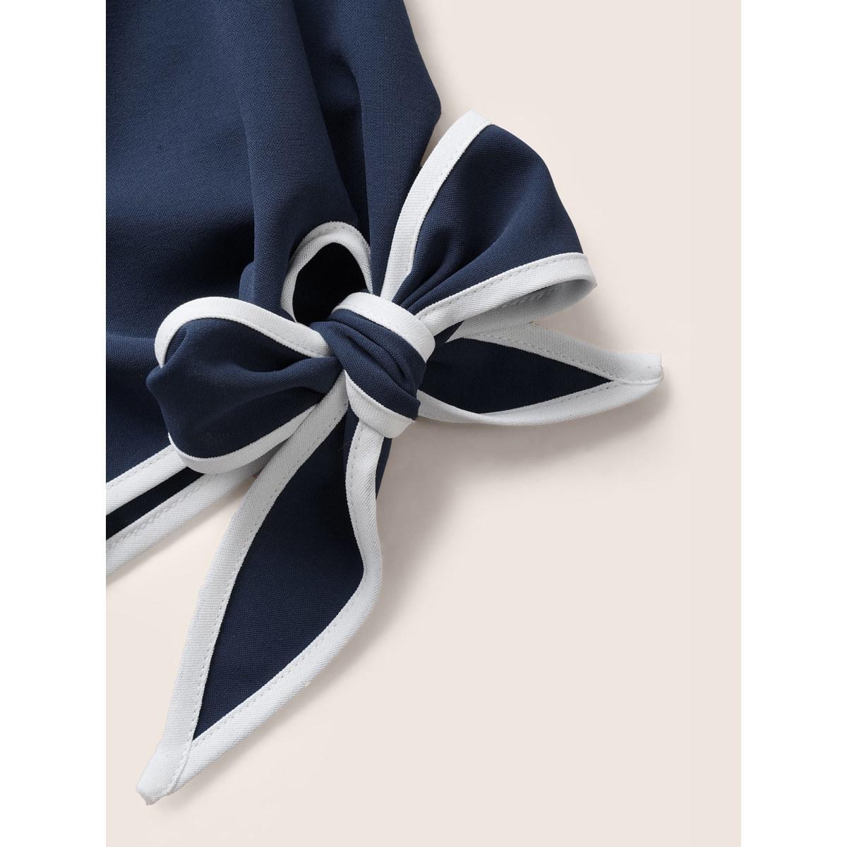 Plus Size Indigo Contrast Trim Keyhole Tie Knot Blouse Women Work From Home Short sleeve Notched collar Work Blouses BloomChic 10/M Product Image