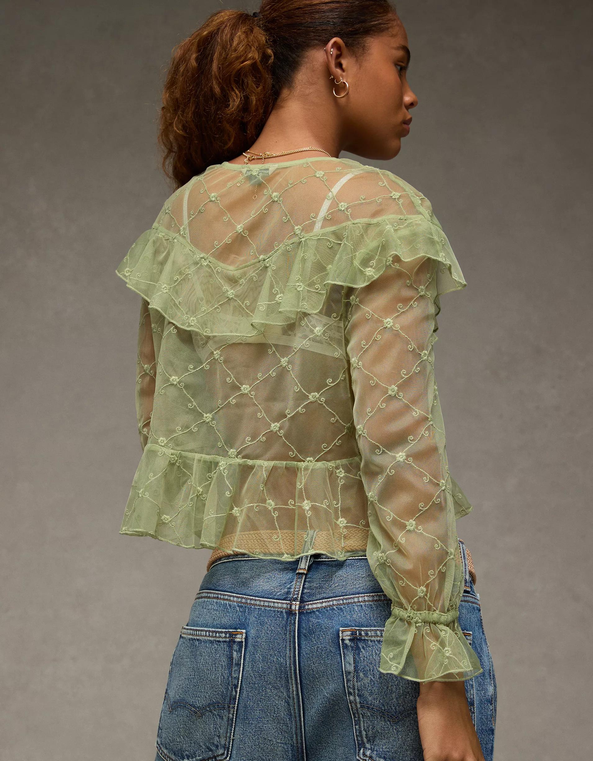 AE Embroidered Tie-Front Mesh Blouse Product Image