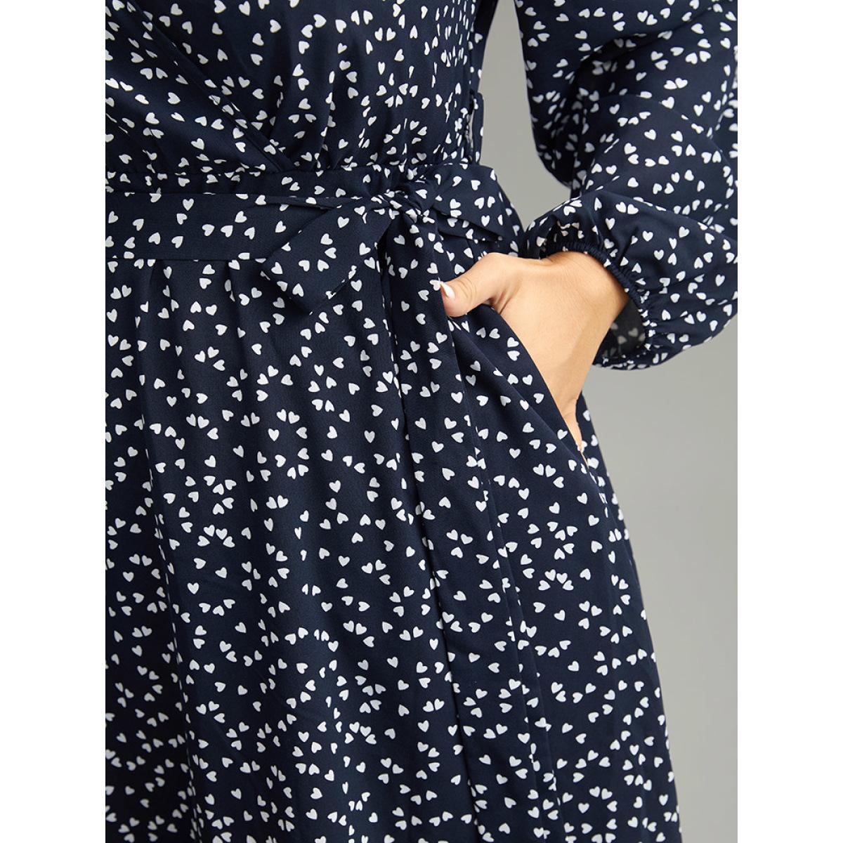 Plus Size Heart Print Belted Surplice Neck Dress DarkBlue Women Elegant Elastic cuffs V-neck Long Sleeve Curvy Midi Dress BloomChic 30/6X Product Image