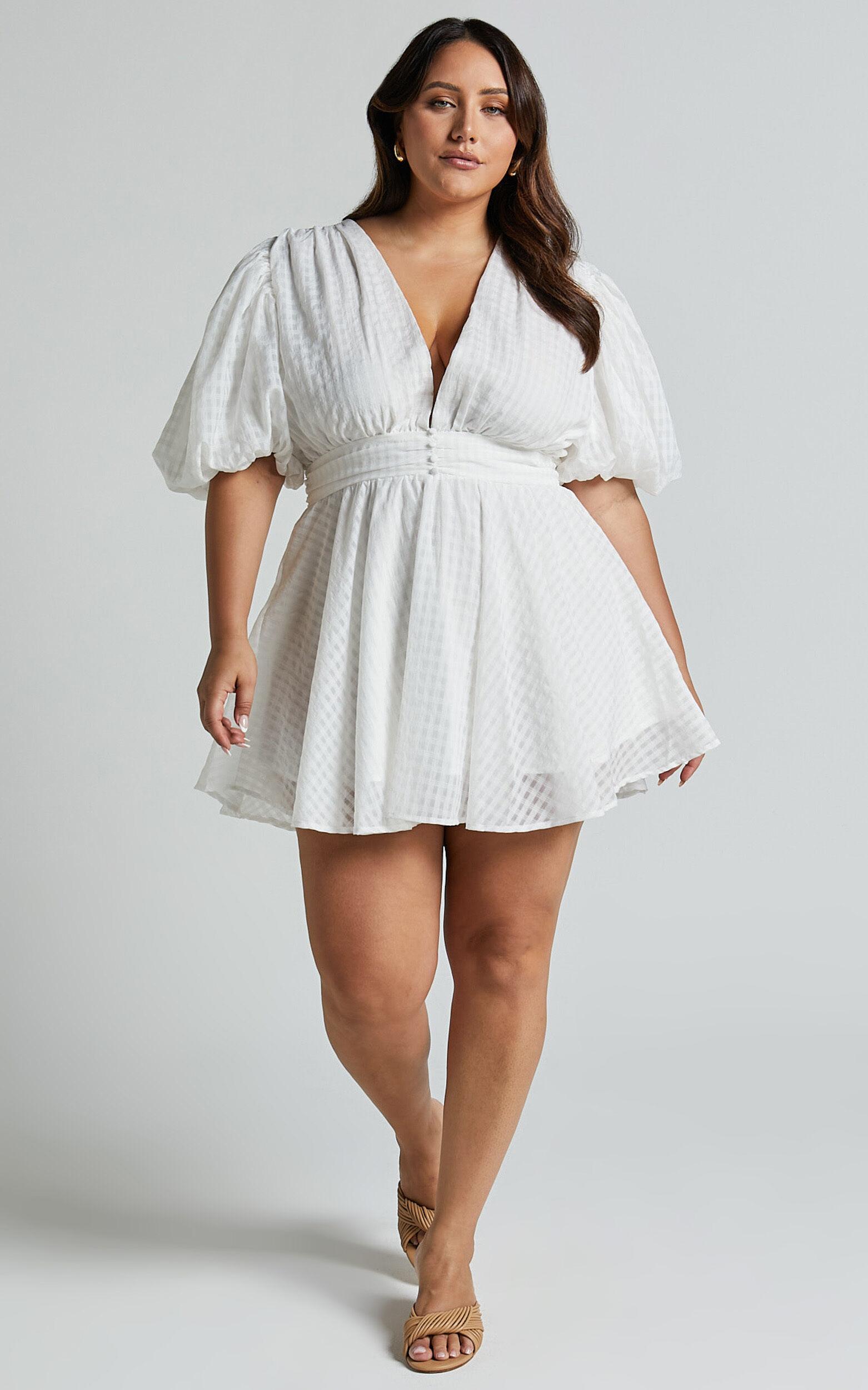 Xandy Mini Dress - Textured Puff Sleeve Plunge Dress in White Product Image