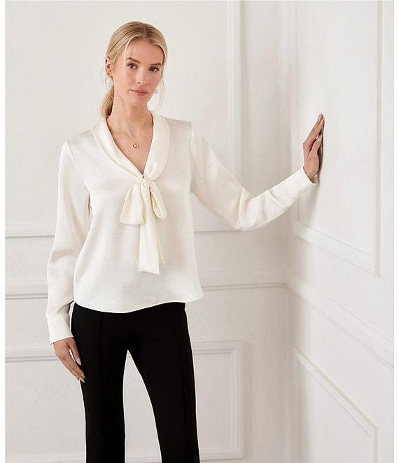 Karen Kane Satin Bow Tie Neck Long Sleeve Blouse Product Image